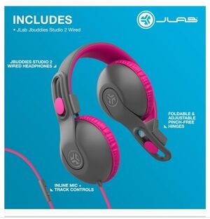 JLab JBuddies Studio 2 On-Ear Kids Wired Headphones, Grey/Pink, Kid Safe,